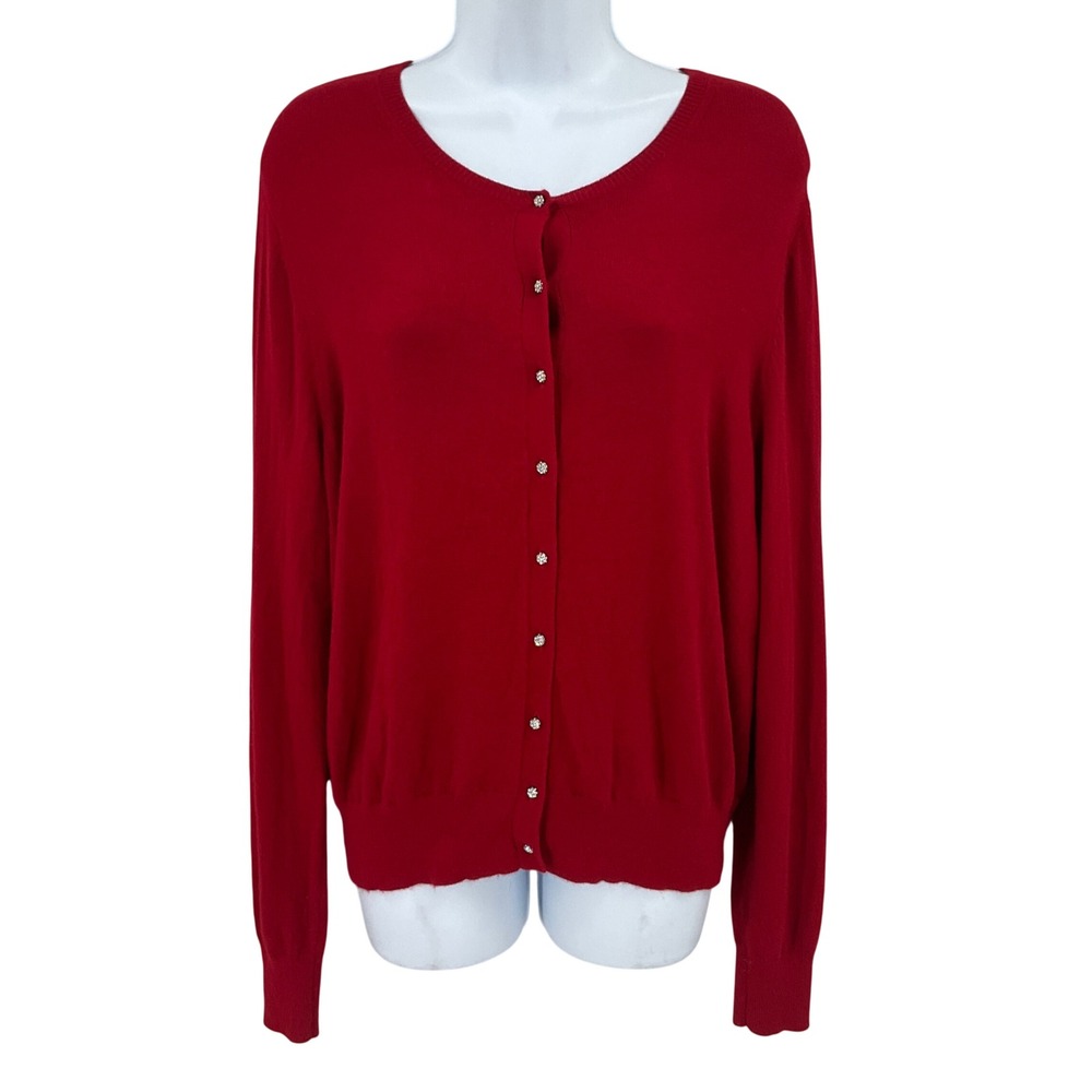 Ann Taylor Cardigan Women Large Red Rhinestone Button Classic Preppy Minimalist